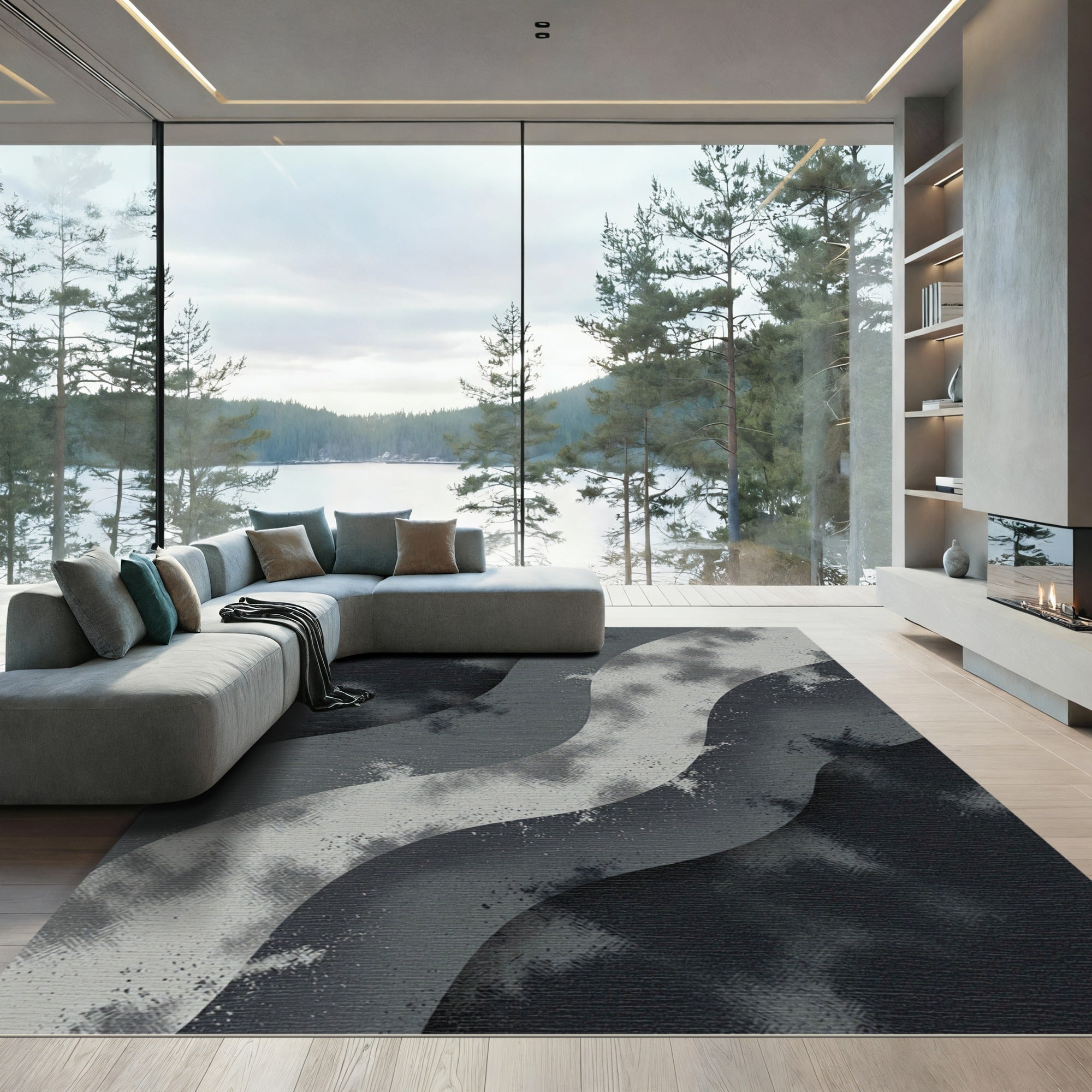 Monochromatic Wavy Layered Abstract Cloud Rug