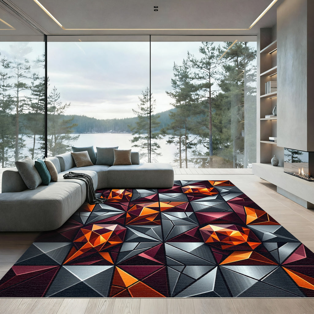Vibrant Orange Geometric Crystal Facets Rug