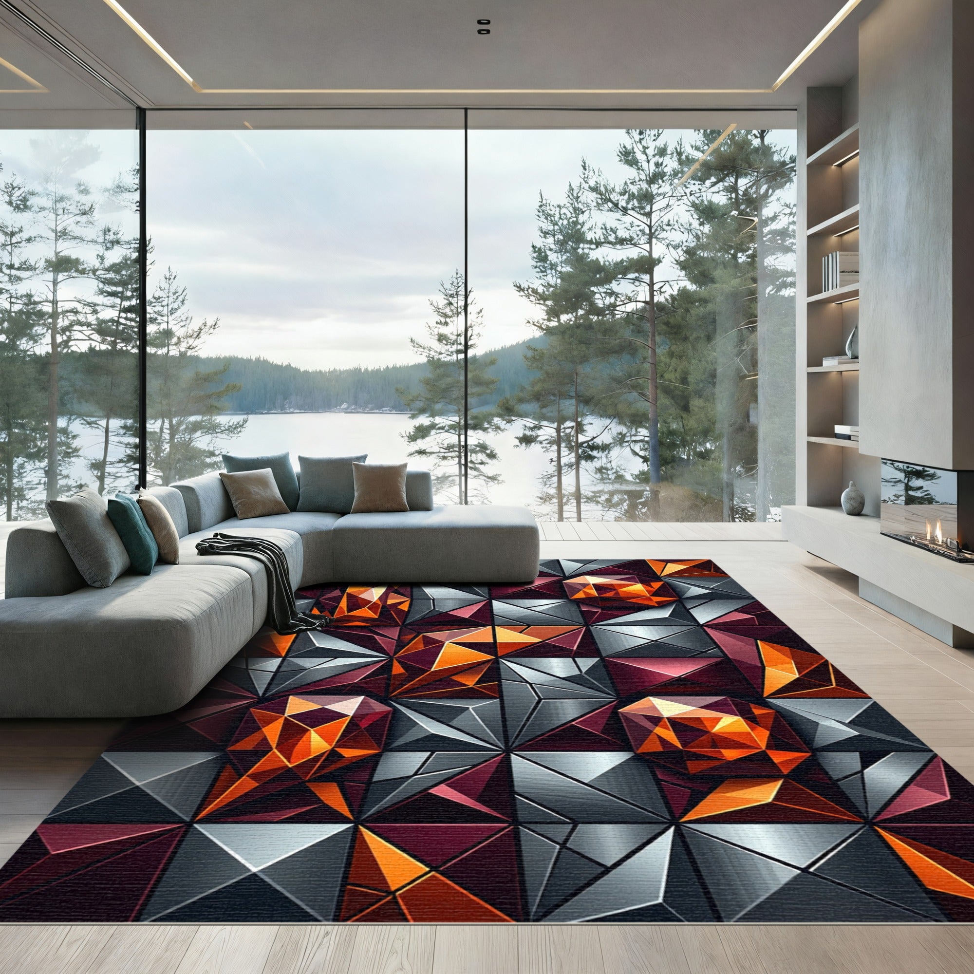 Vibrant Orange Geometric Crystal Facets Rug