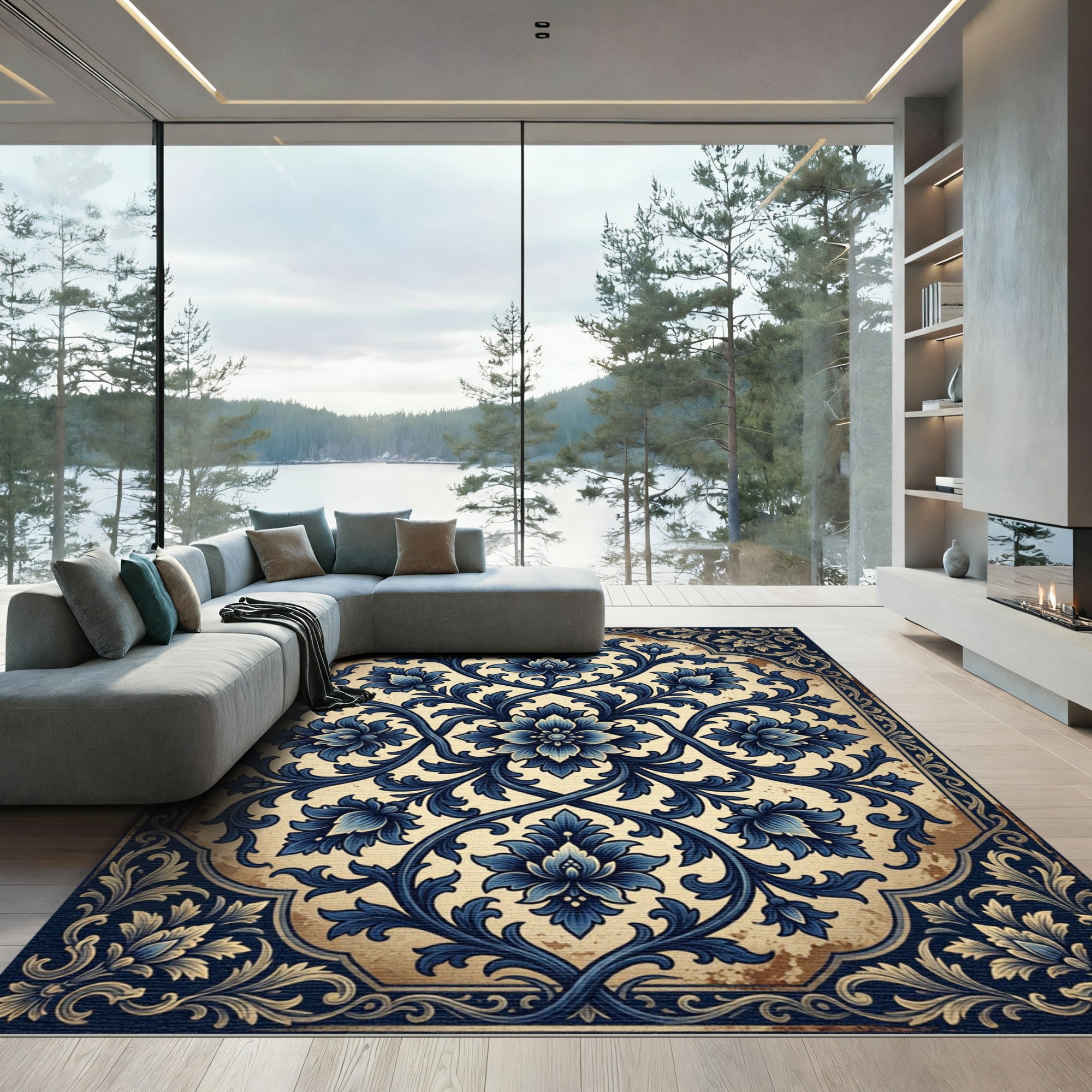 Elegant Navy Floral Damask Scroll Rug