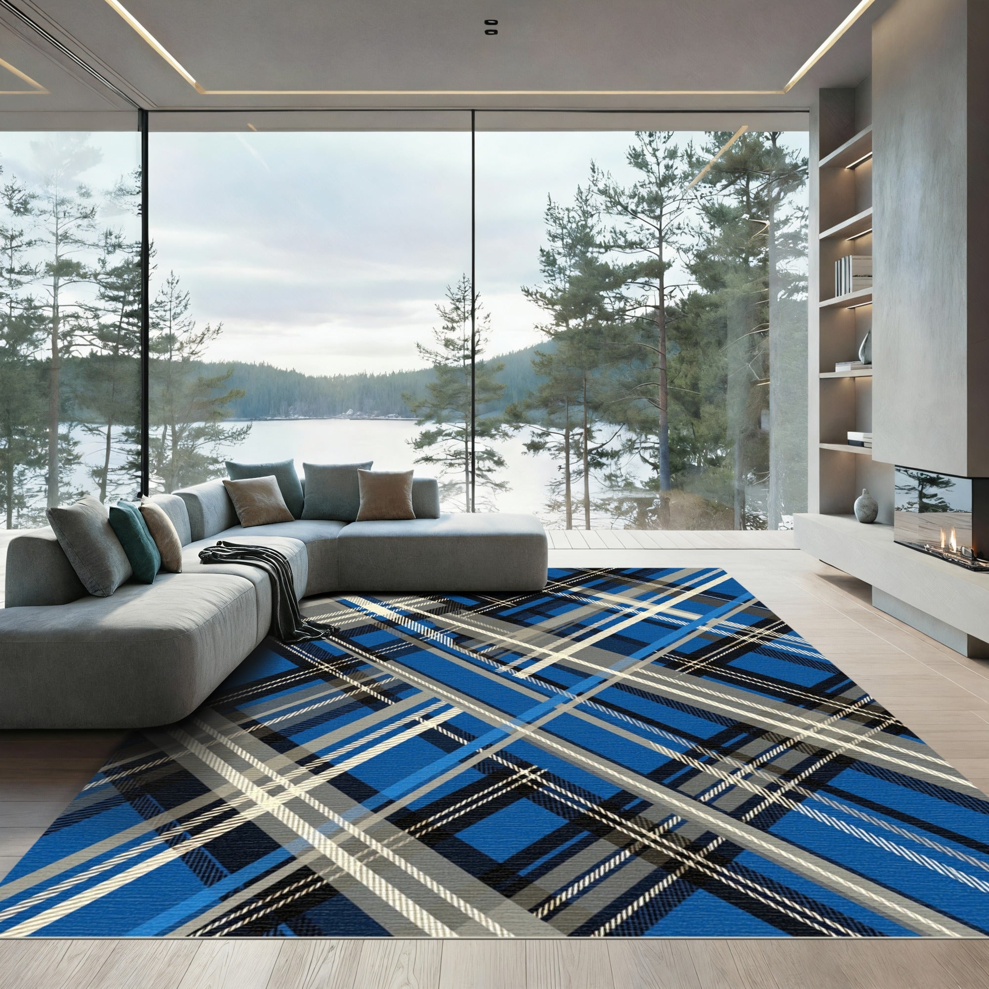 Bold Blue Plaid Overlay Pattern Rug