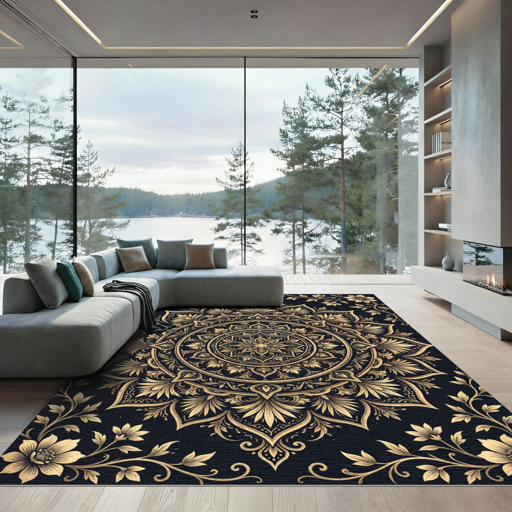 Elegant Gold Floral Mandala Midnight Rug