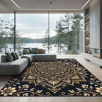 Elegant Gold Floral Mandala Midnight Rug
