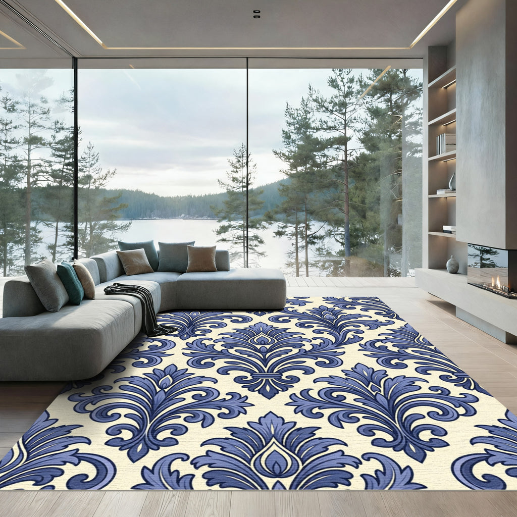Sophisticated Navy Blue Damask Scroll Rug
