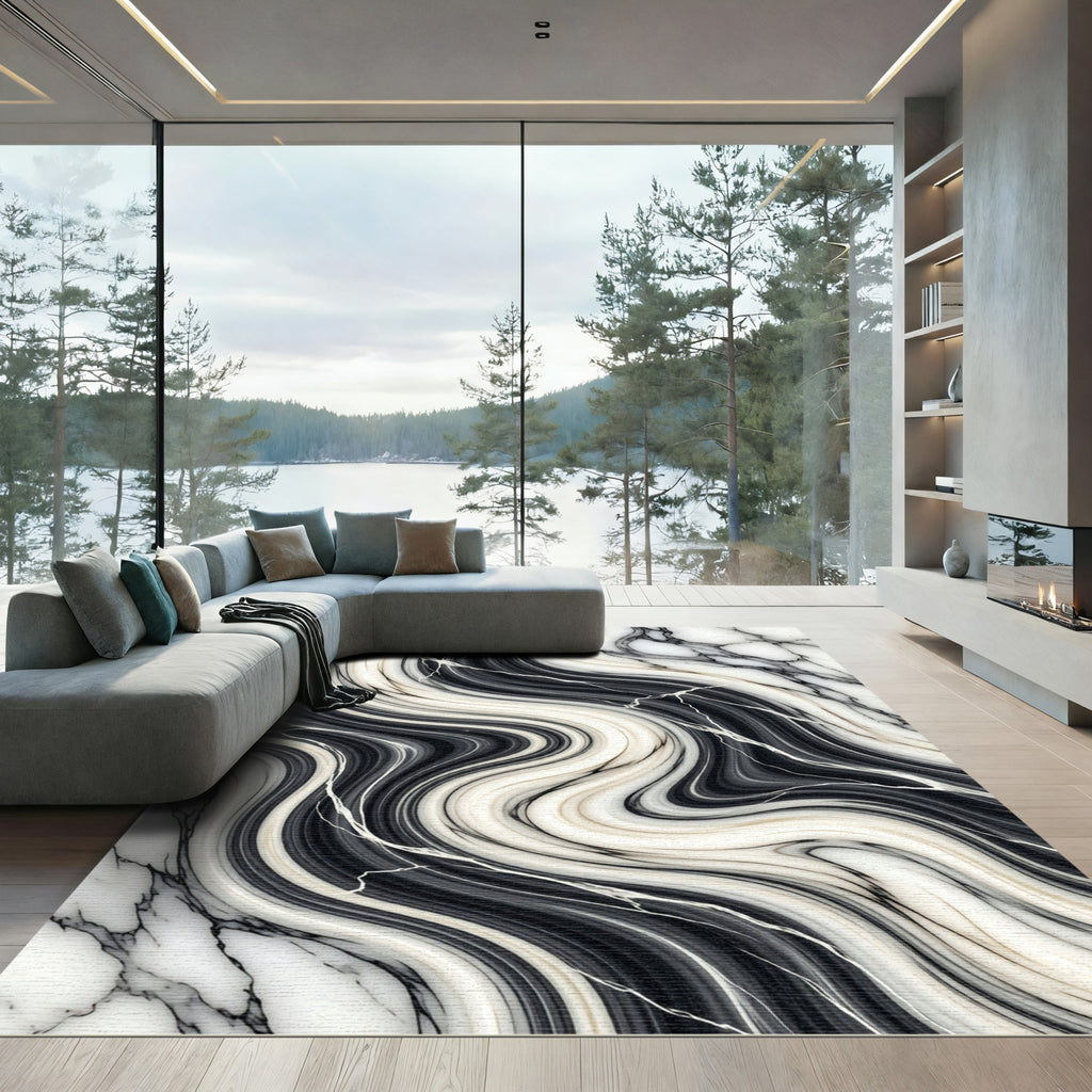 Monochrome Liquid Marble Flow Wave Rug