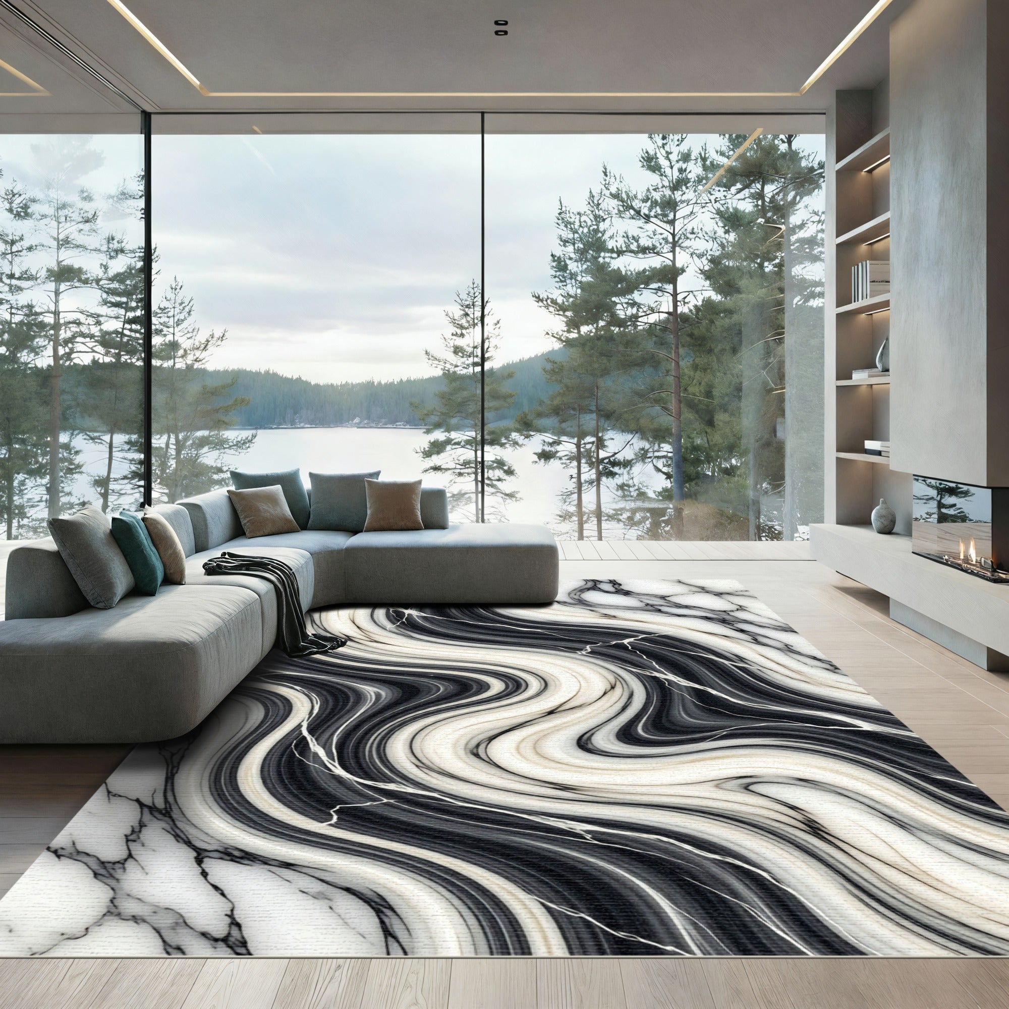 Monochrome Liquid Marble Flow Wave Rug
