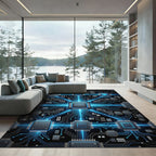 Neon Cyber Circuitry Electric Blue Grid Rug