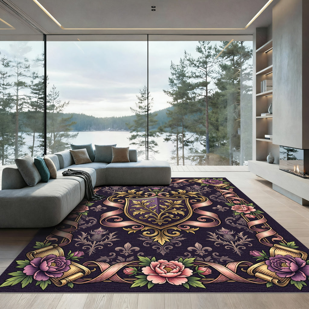 Regal Plum Floral Crest Scroll Emblem Rug