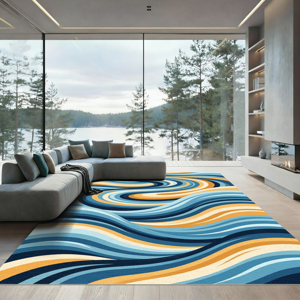 Oceanic Blue Swirling Stripes Rug