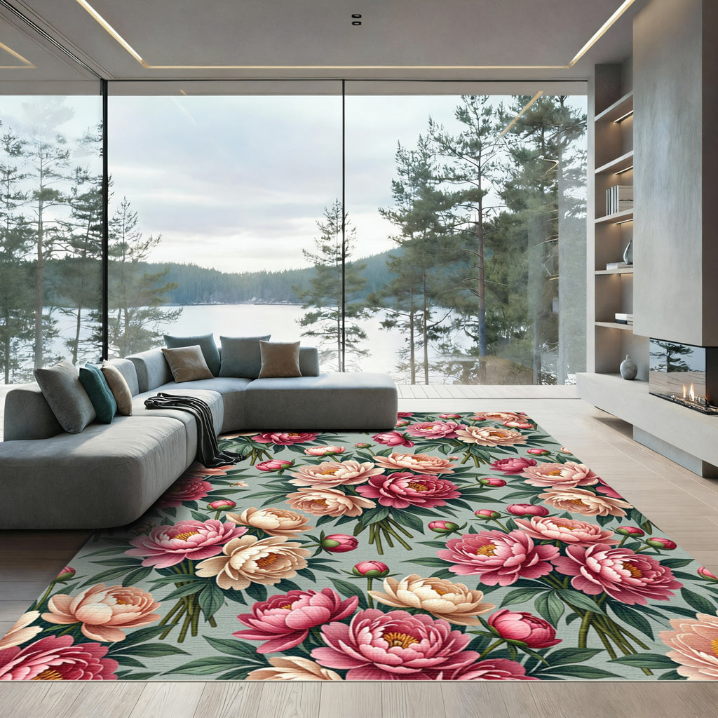 Romantic Peony Bouquet Soft Pastel Rug