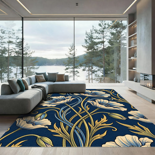 Art Nouveau Navy Blue Poppy Floral Rug