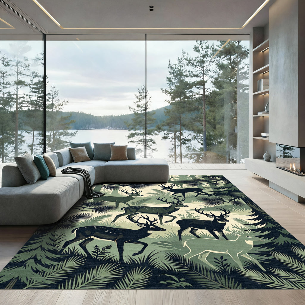 Forest Wildlife Stag Sage Green Meadow Rug