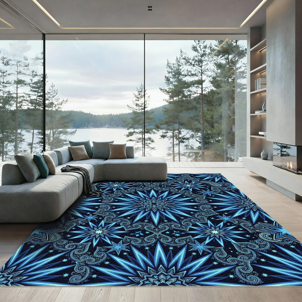 Celestial Blue Starry Paisley Mandala Rug
