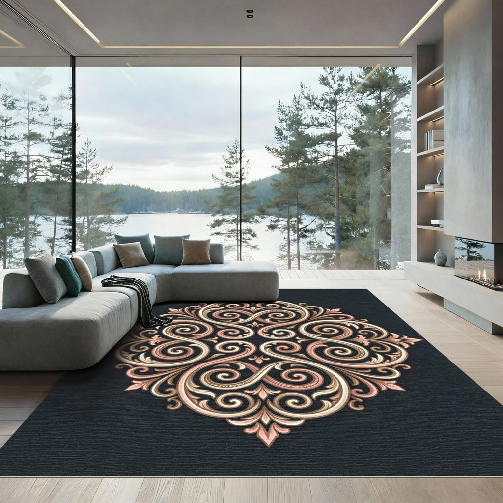 Rose Gold Scrollwork Medallion Accents Rug