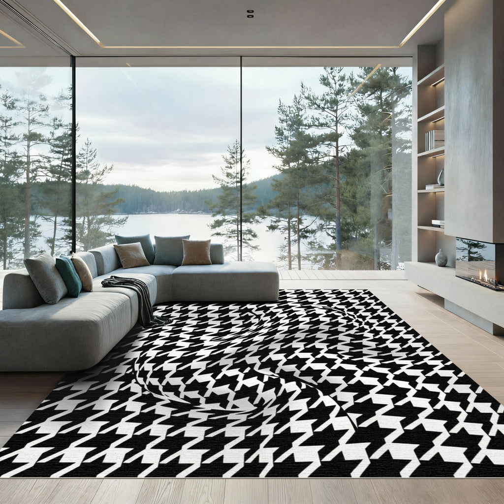 Monochrome Optical Illusion Houndstooth Swirl Rug