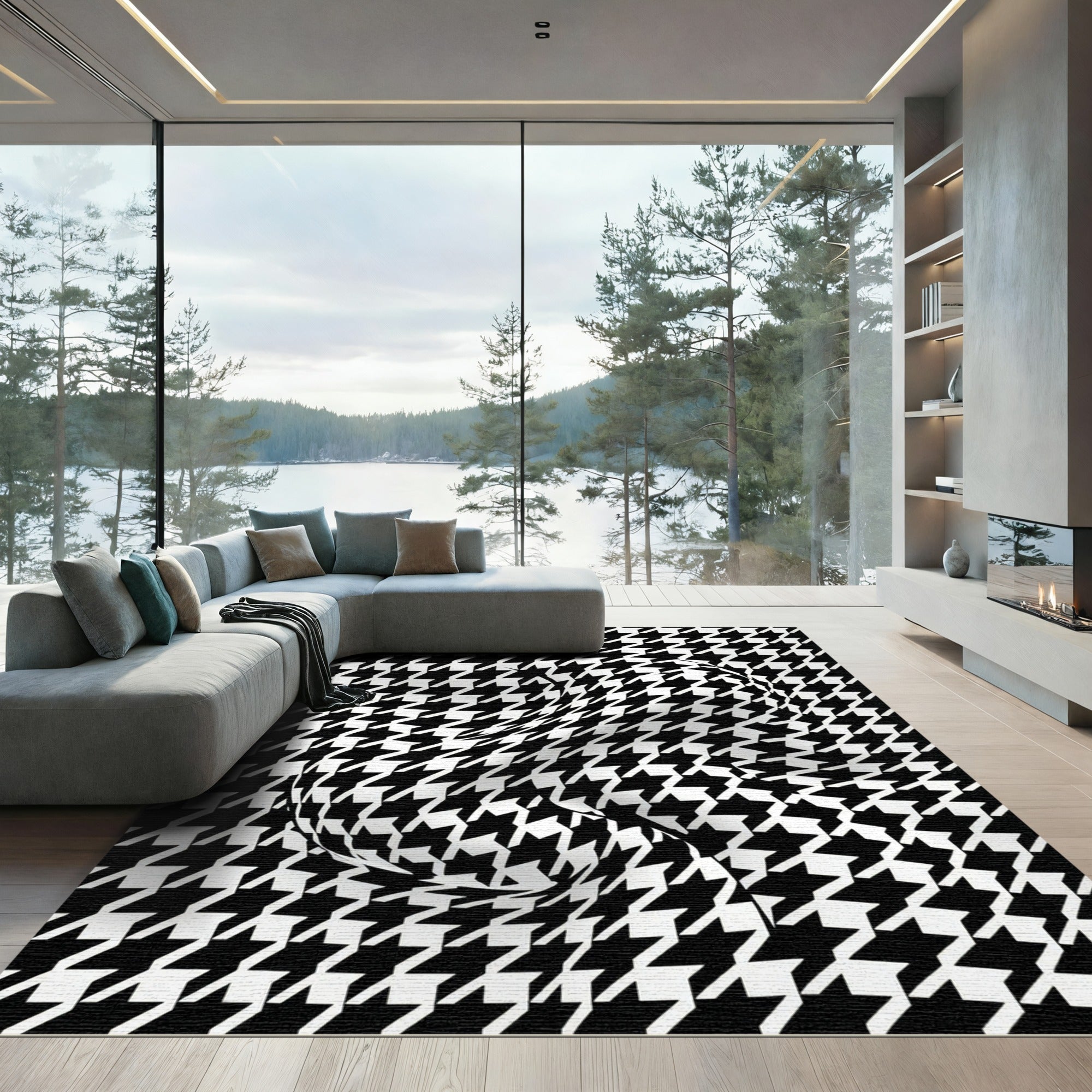 Monochrome Optical Illusion Houndstooth Swirl Rug
