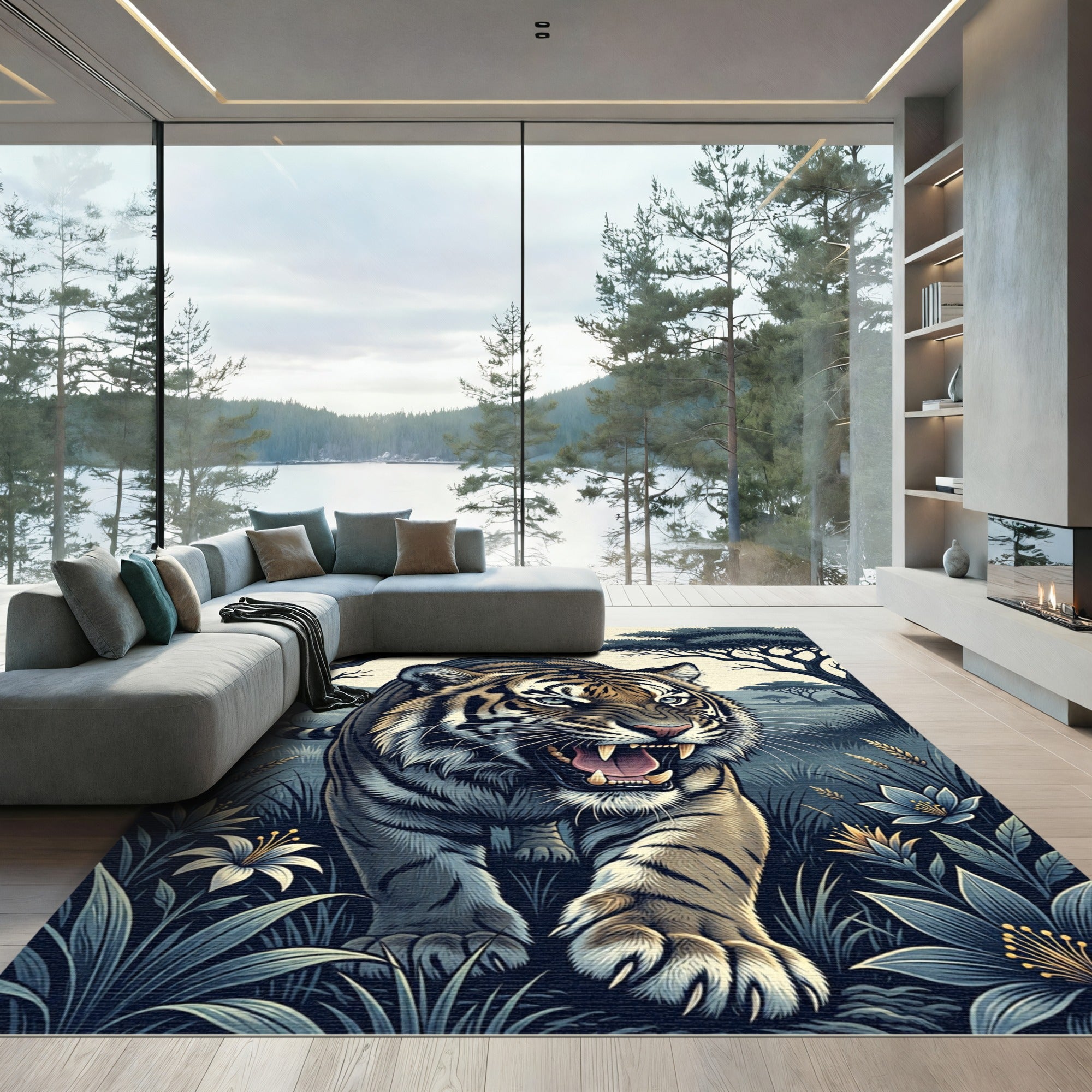 Fierce Tiger Roaring Among Jungle Blooms Rug