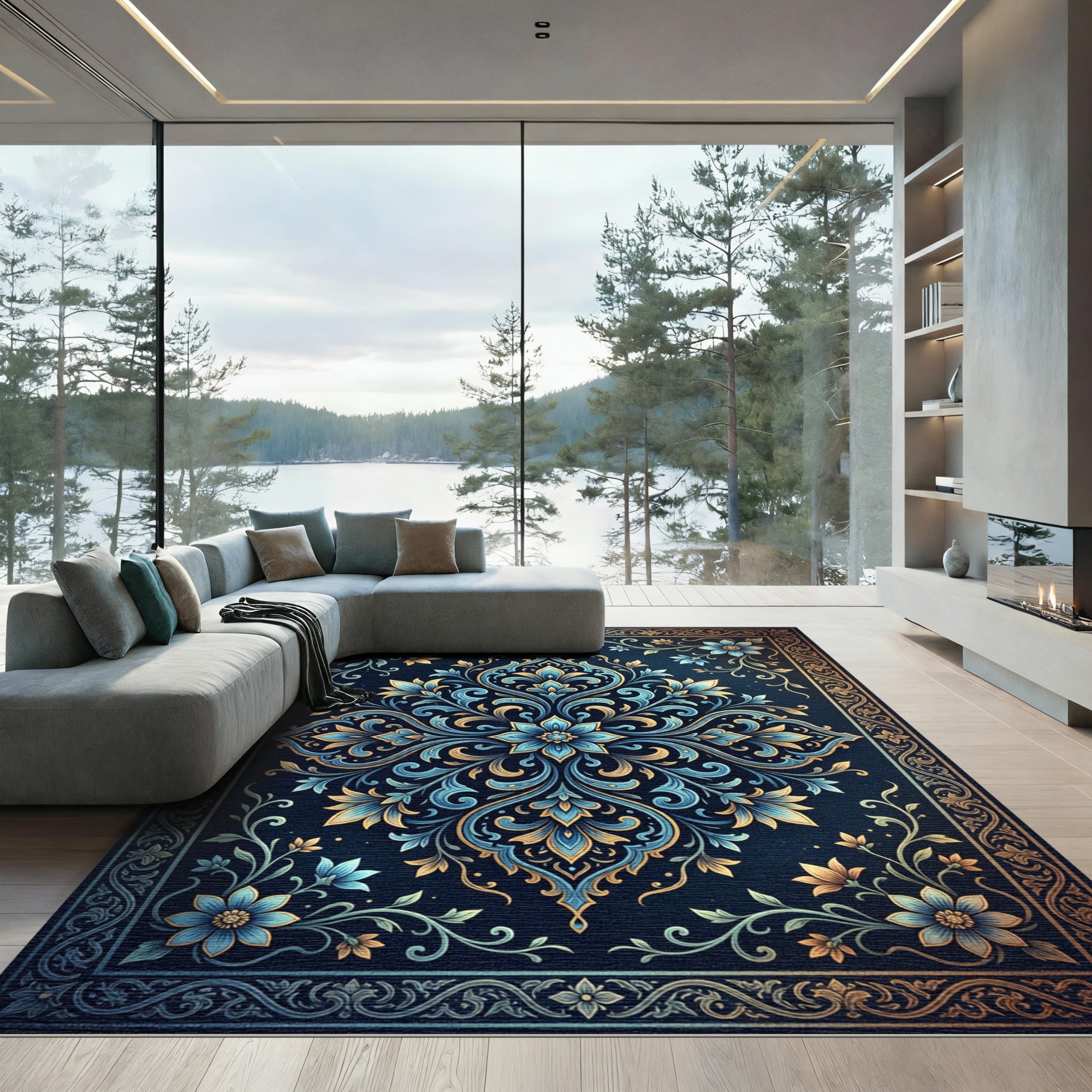 Elegant Blue Floral Gold Damask Art Rug
