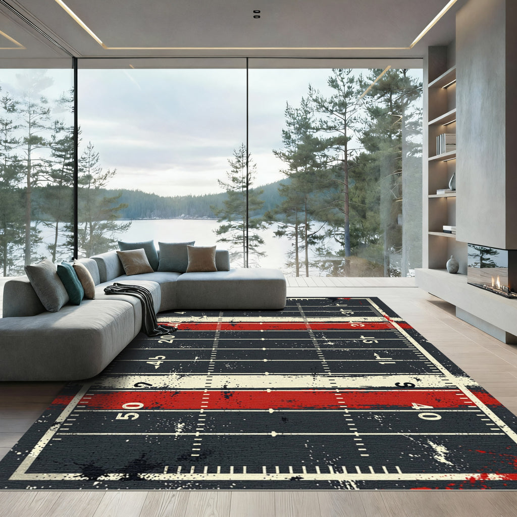 Distressed Red White Football Field Grid Rug