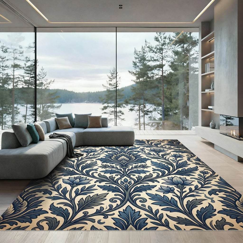 Classic Blue Floral Damask Accent Rug
