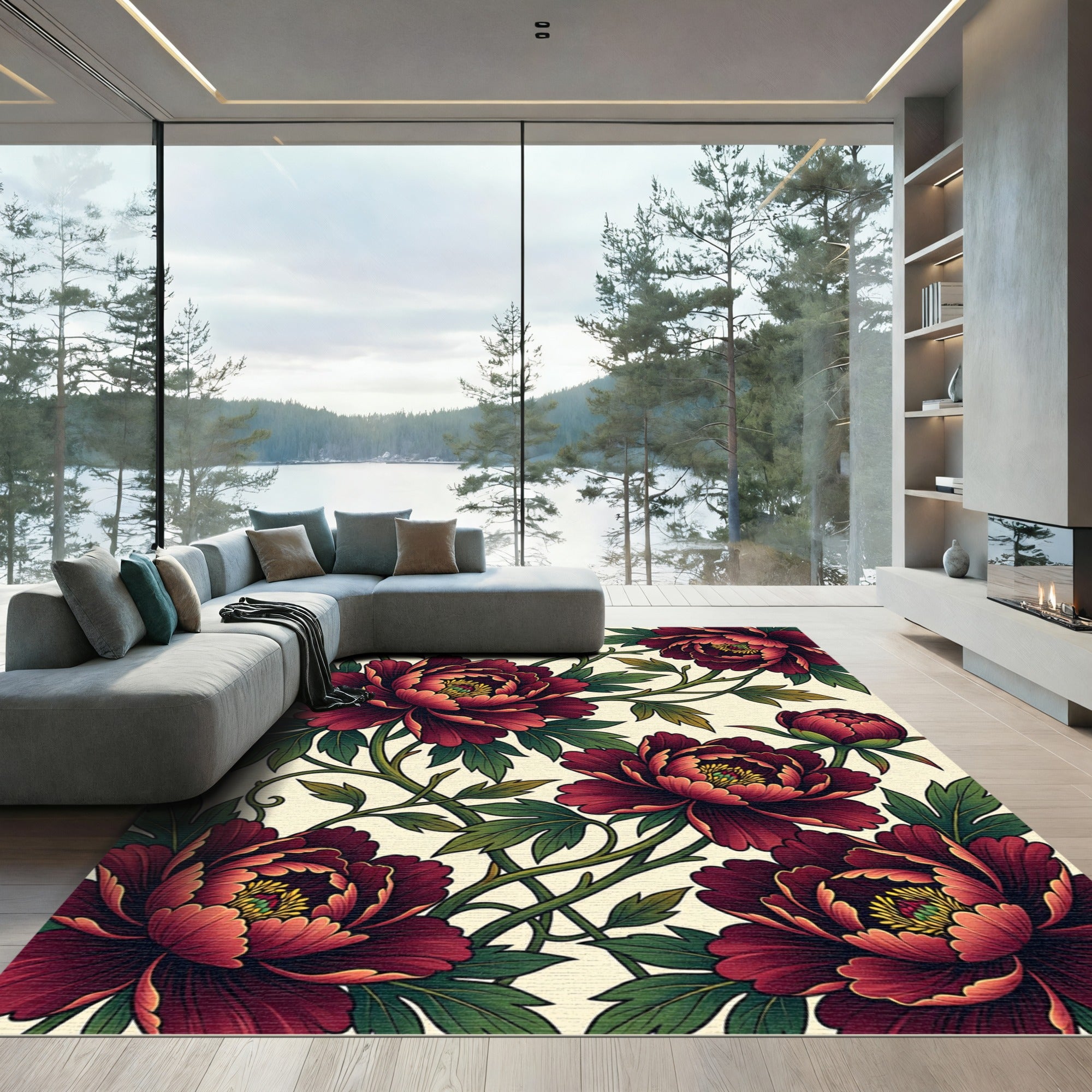 Lush Crimson Peony Botanical Creeping Vine Rug