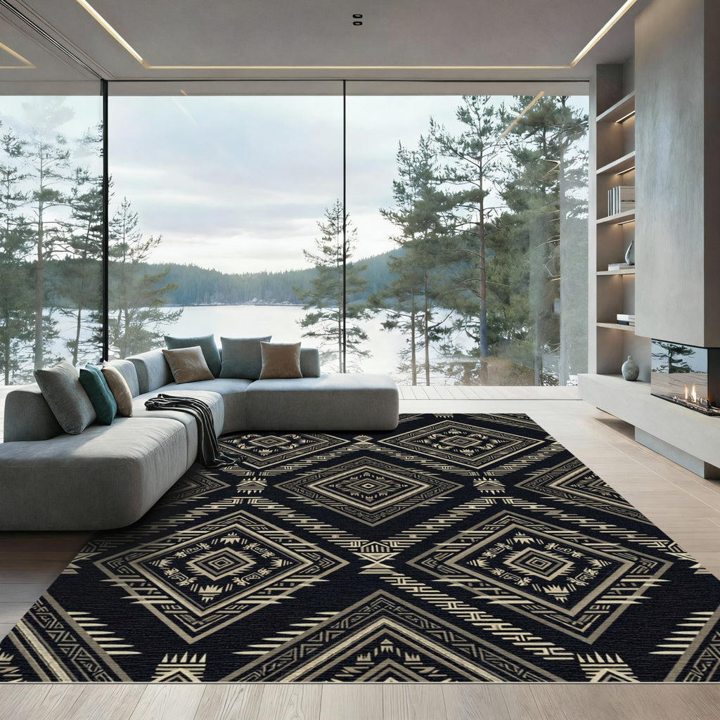 Golden Geometric Aztec Diamond Charcoal Rug
