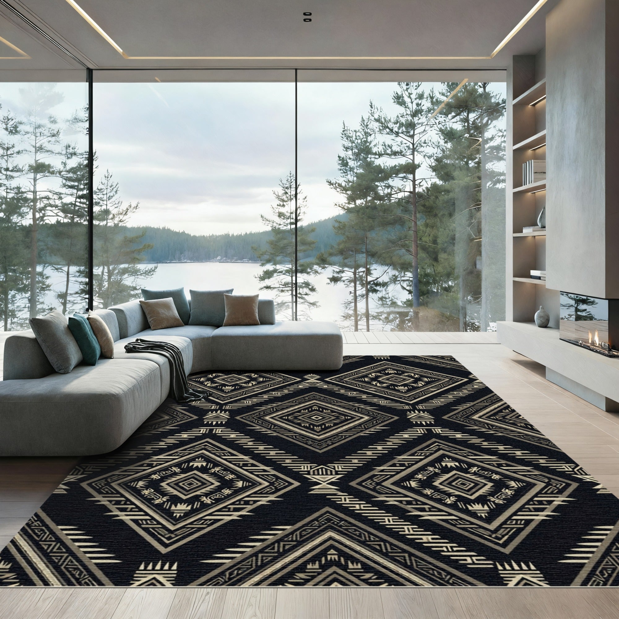 Golden Geometric Aztec Diamond Charcoal Rug