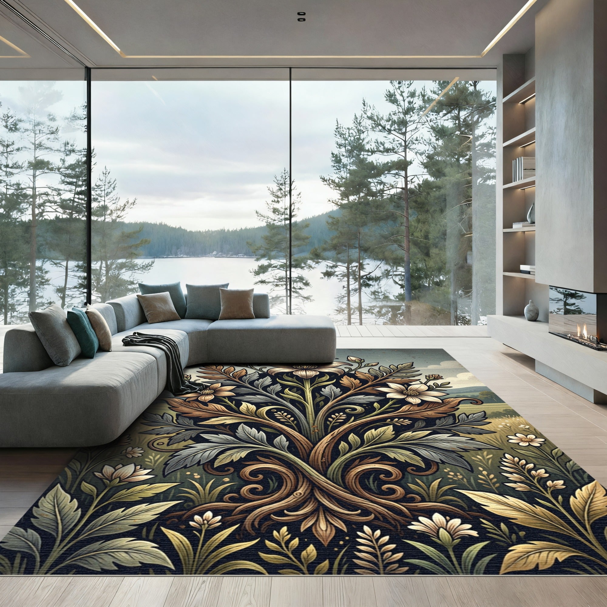 Earthy Floral Botanical Symmetry Art Rug