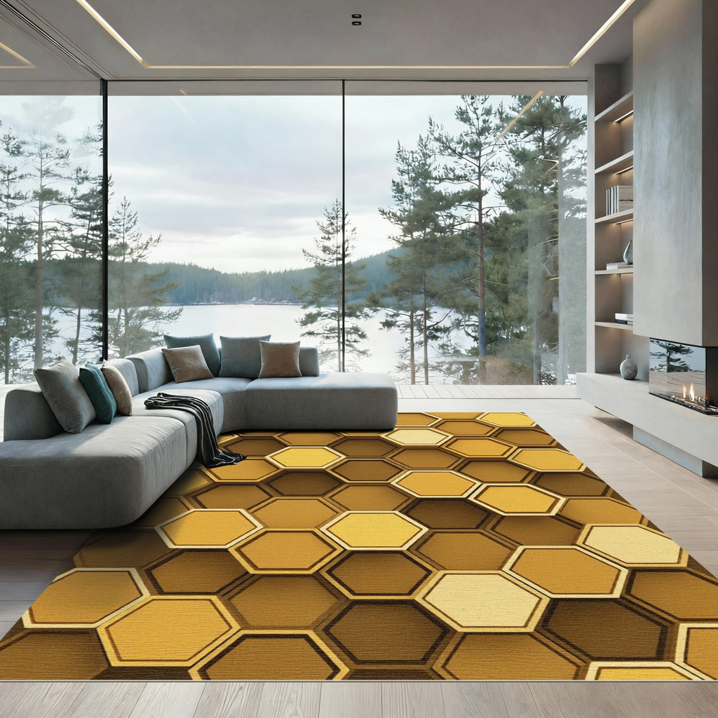 Golden Honeycomb Dimensional Geometric Hexagon Rug