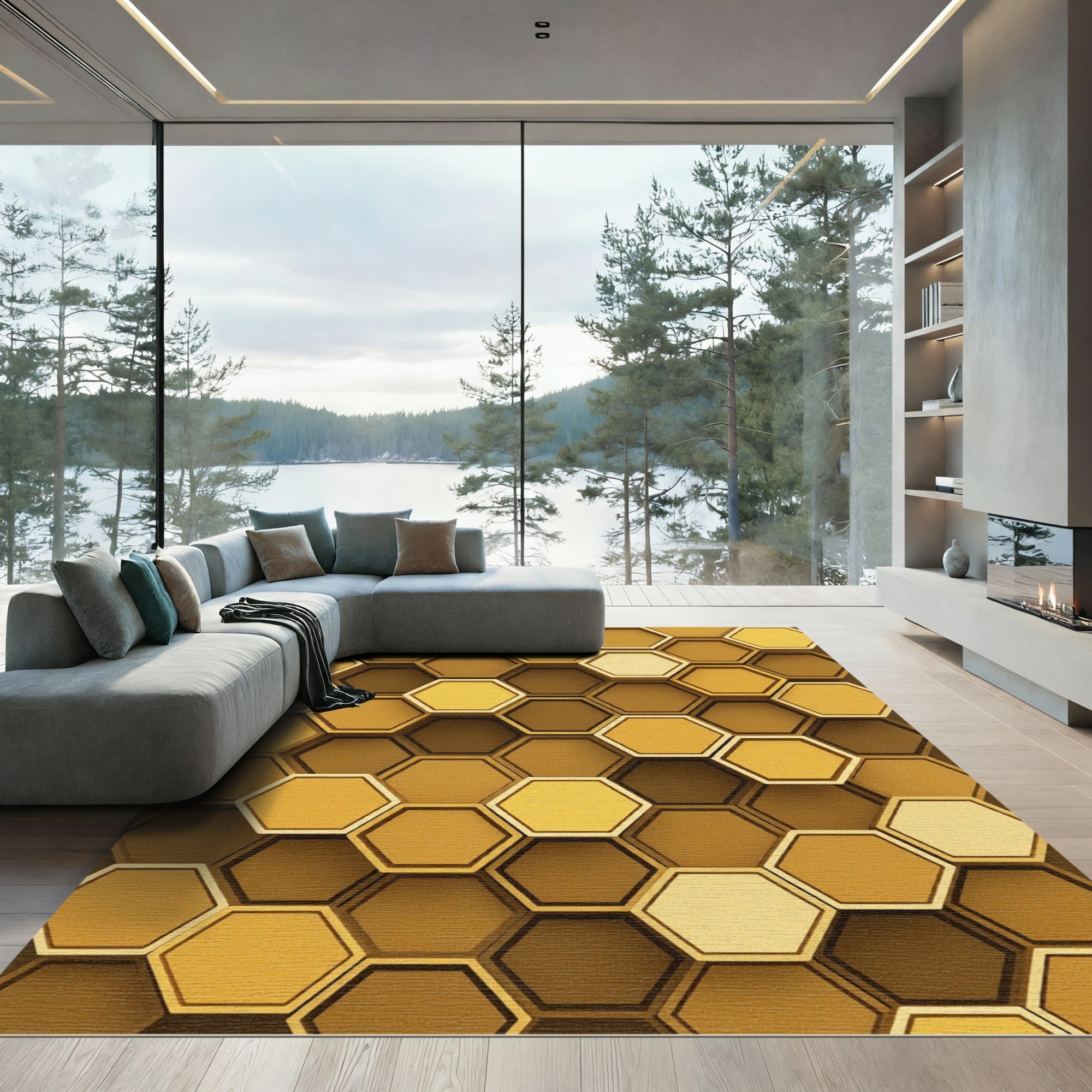 Golden Honeycomb Dimensional Geometric Hexagon Rug