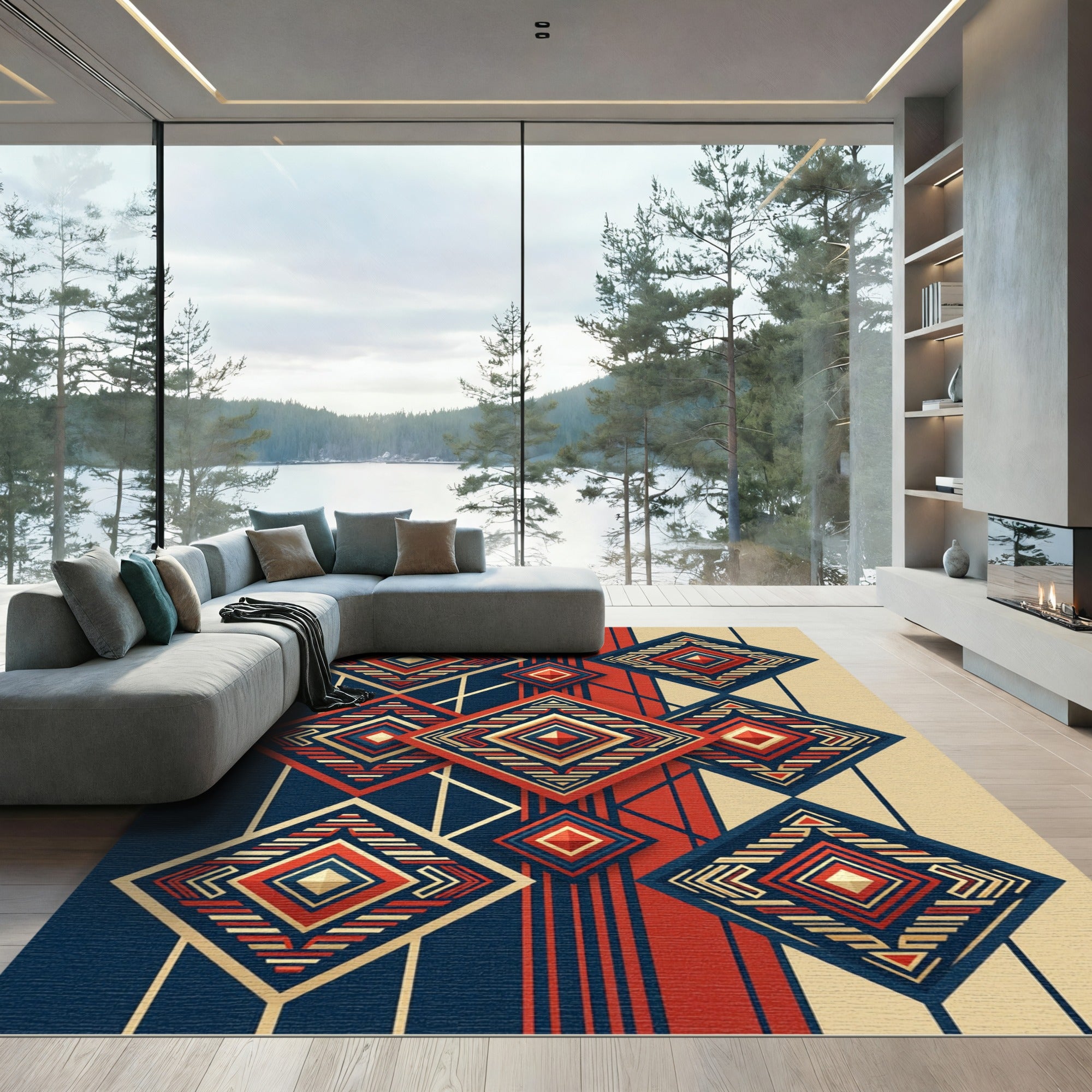 Geometric Navy Crimson Diamond Art Rug
