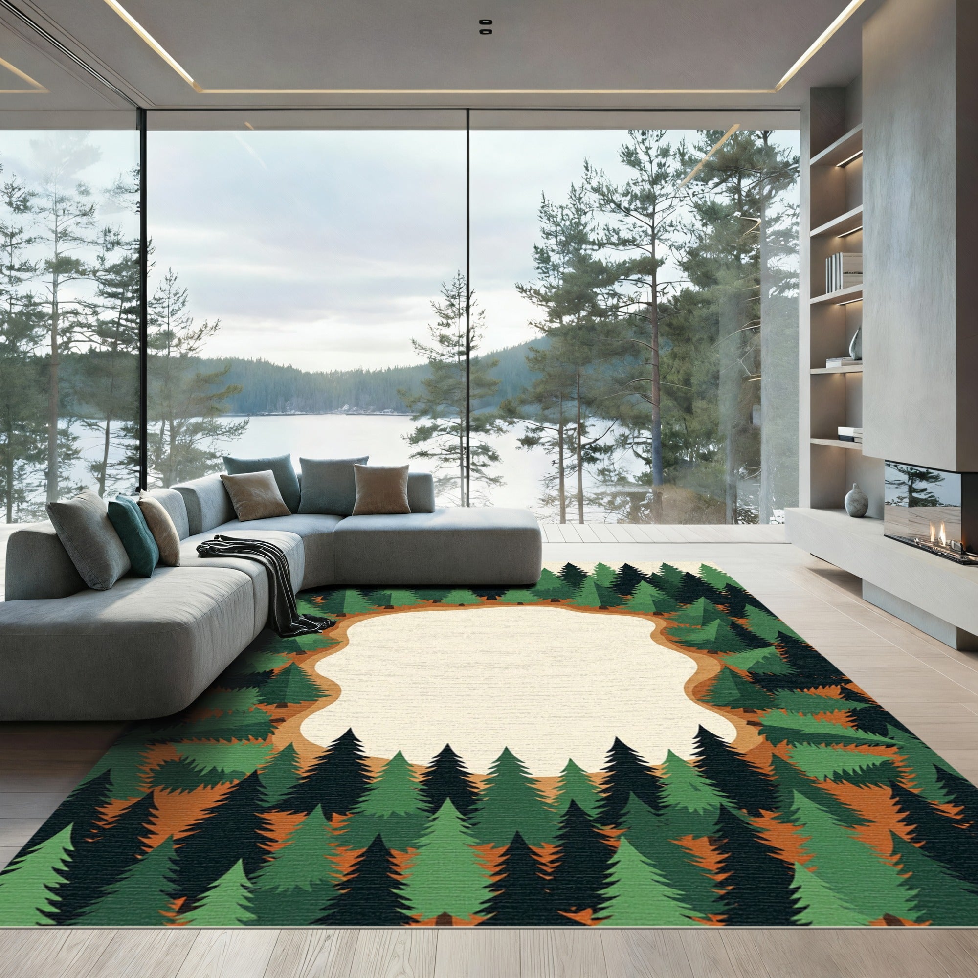 Evergreen Forest Pine Woodland Frame Rug