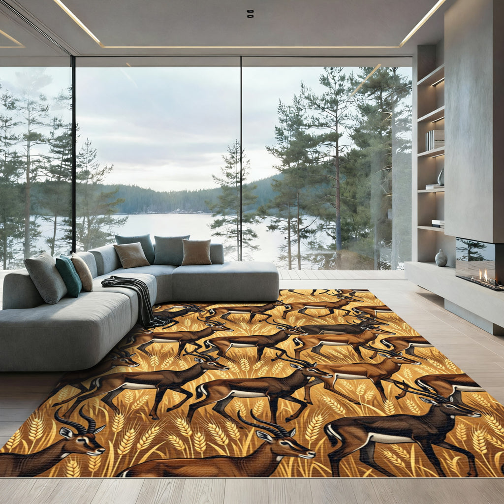 Golden Savanna Antelope Herd Illustration Rug
