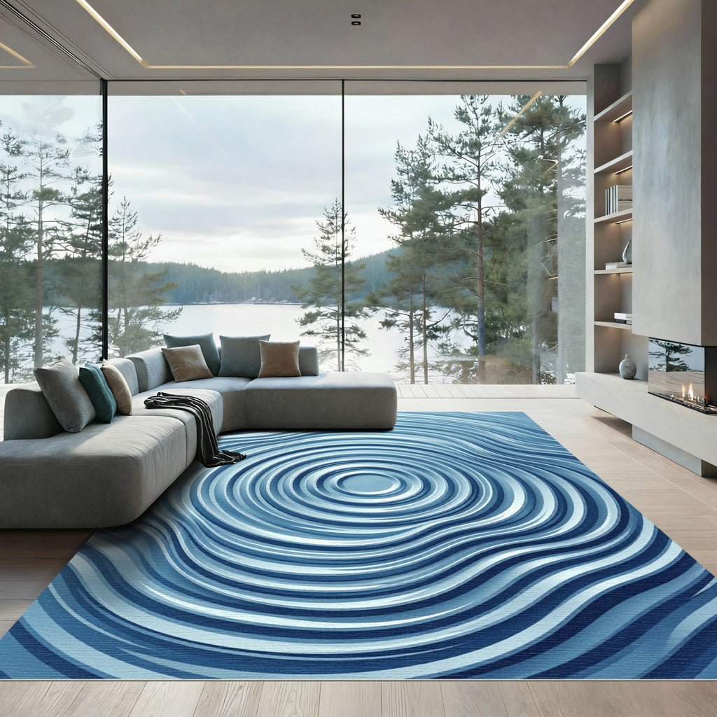 Modern Blue Concentric Ripple Rug