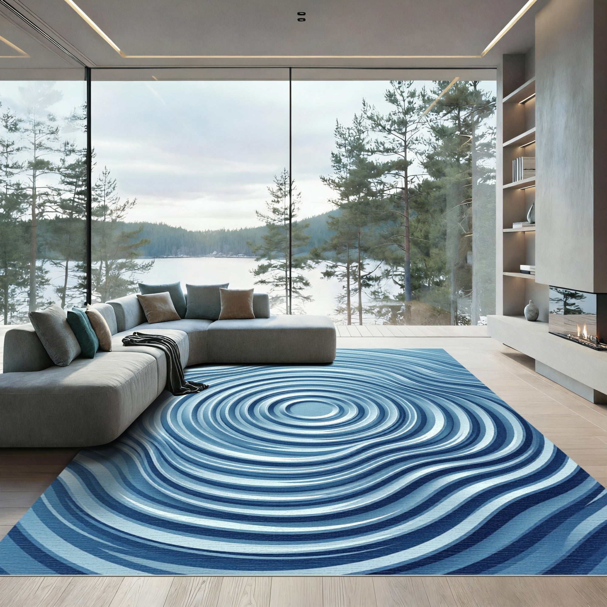 Modern Blue Concentric Ripple Rug