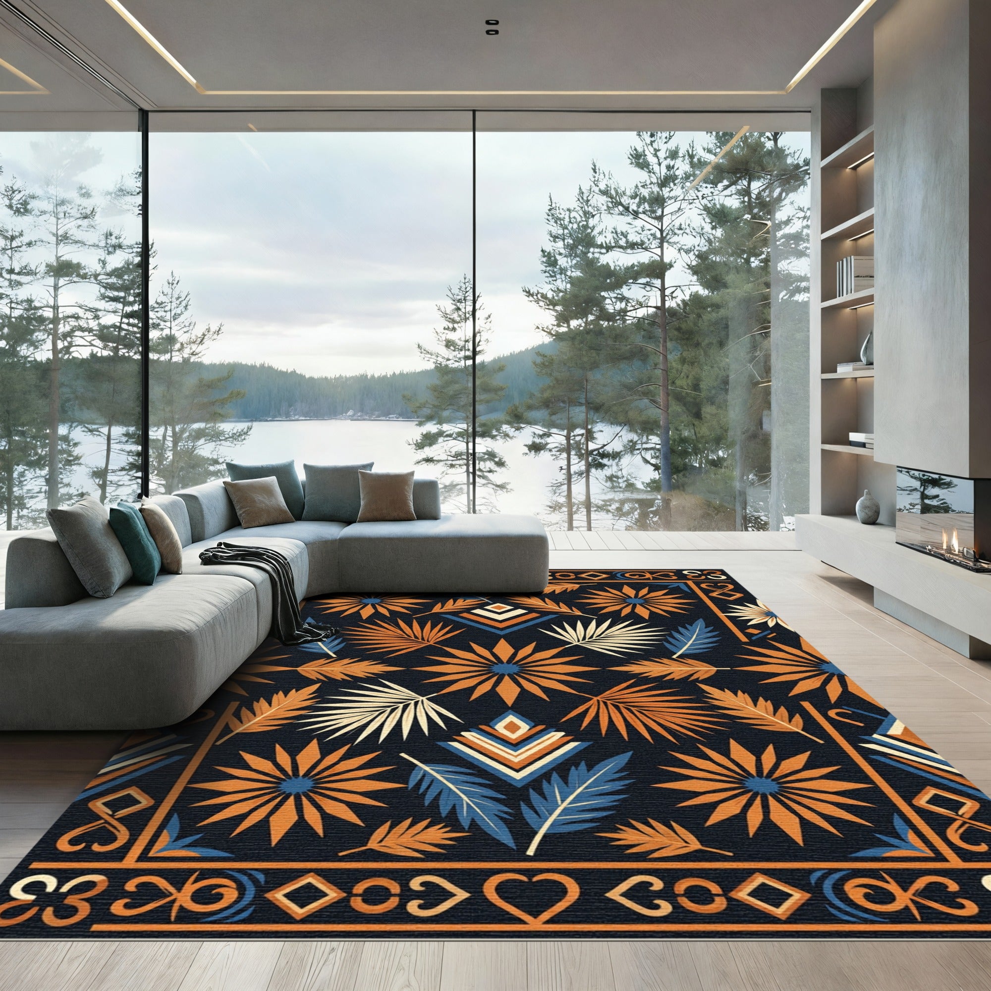 Geometric Earthy Floral Tropical Leaf Rug
