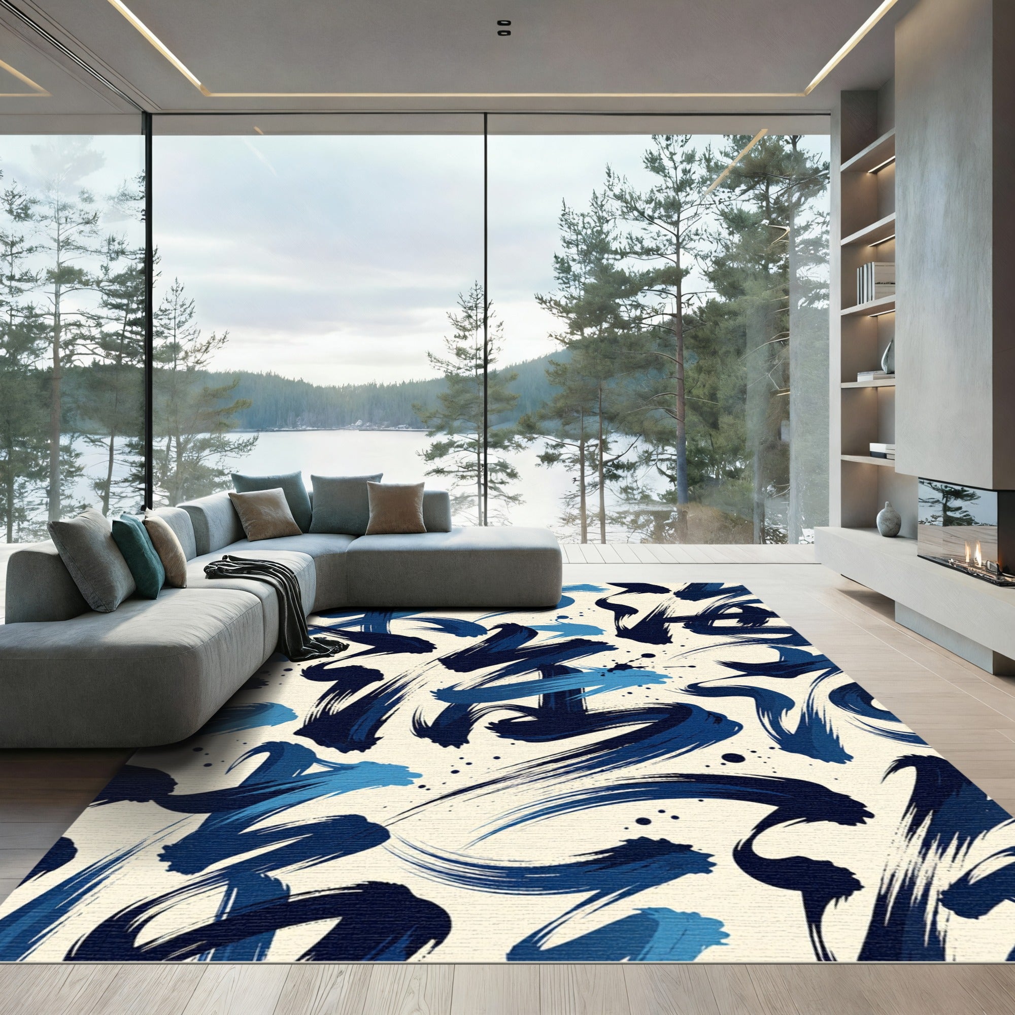 Abstract Navy Ink Brush Stroke Rug