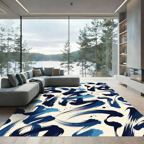 Abstract Navy Ink Brush Stroke Rug