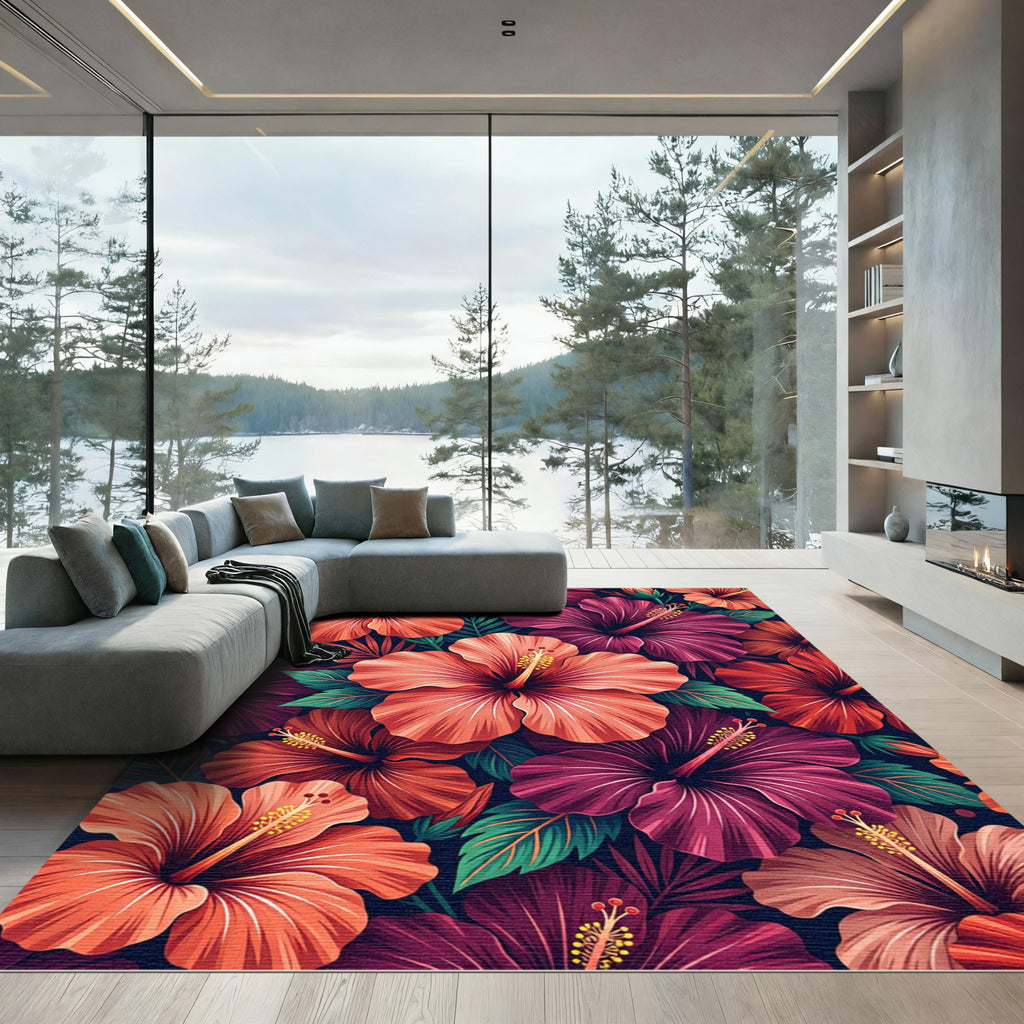Vibrant Hibiscus Floral Tropical Arrangement Rug