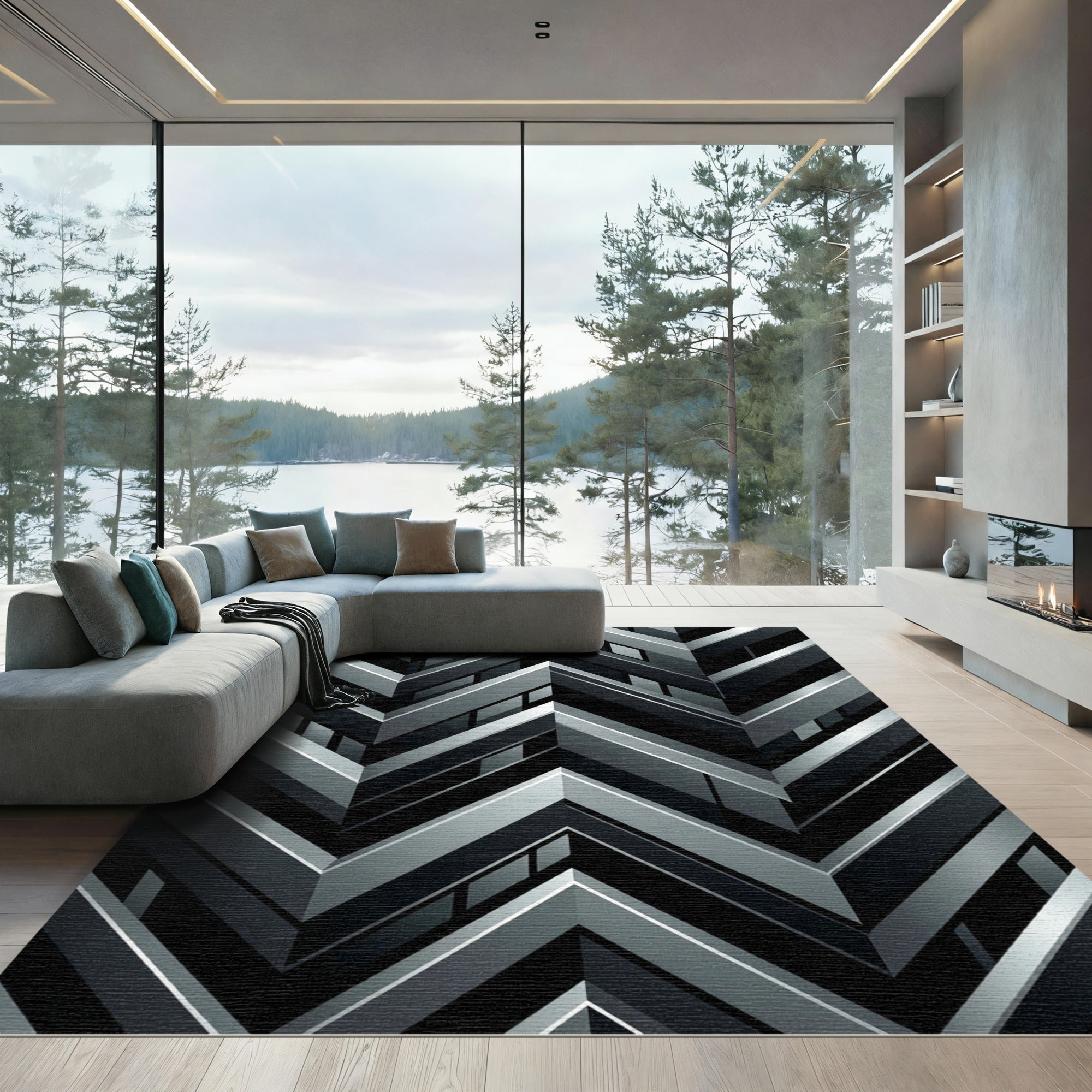 Monochromatic Geometric Chevron Weave Rug