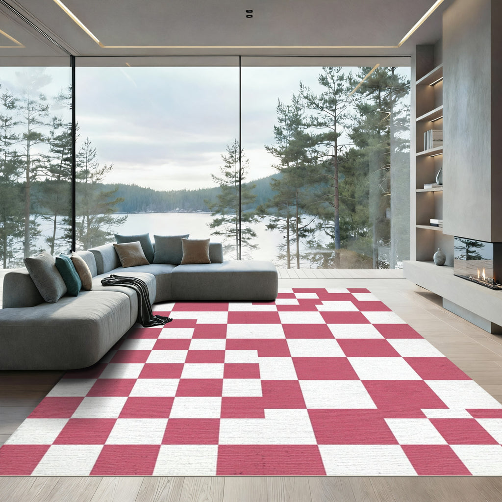 Modern Pink and White Geometric Checkerboard Rug
