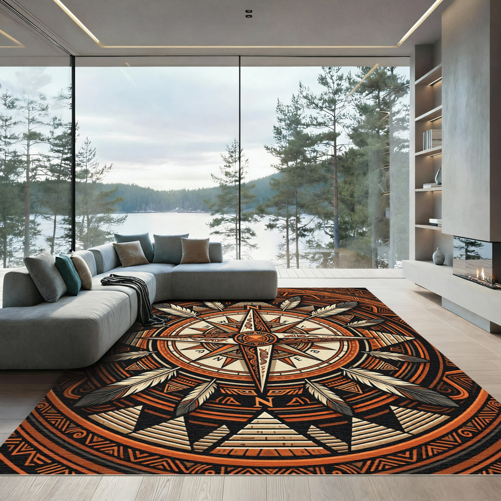 Earthy Amber Geometric Compass Feather Medallion Rug