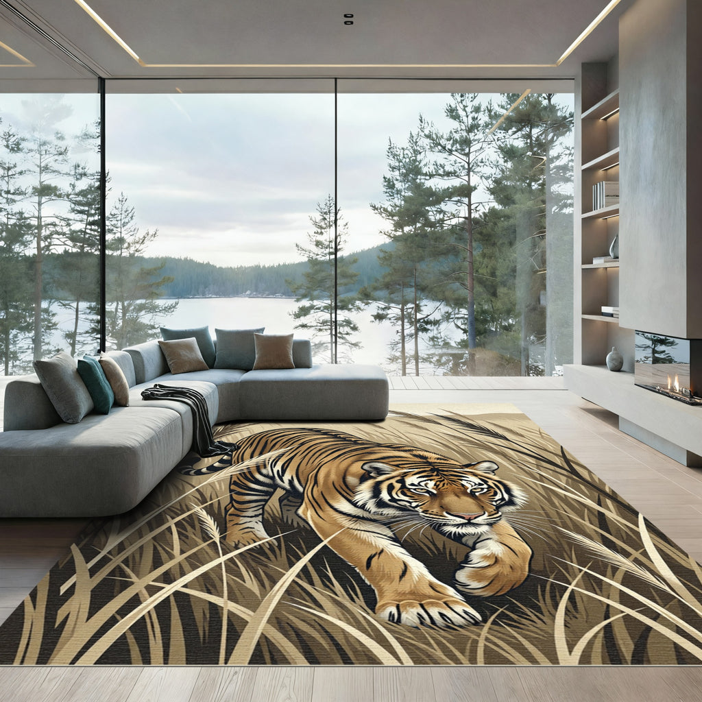 Bold Tiger Among Tall Grass Rug