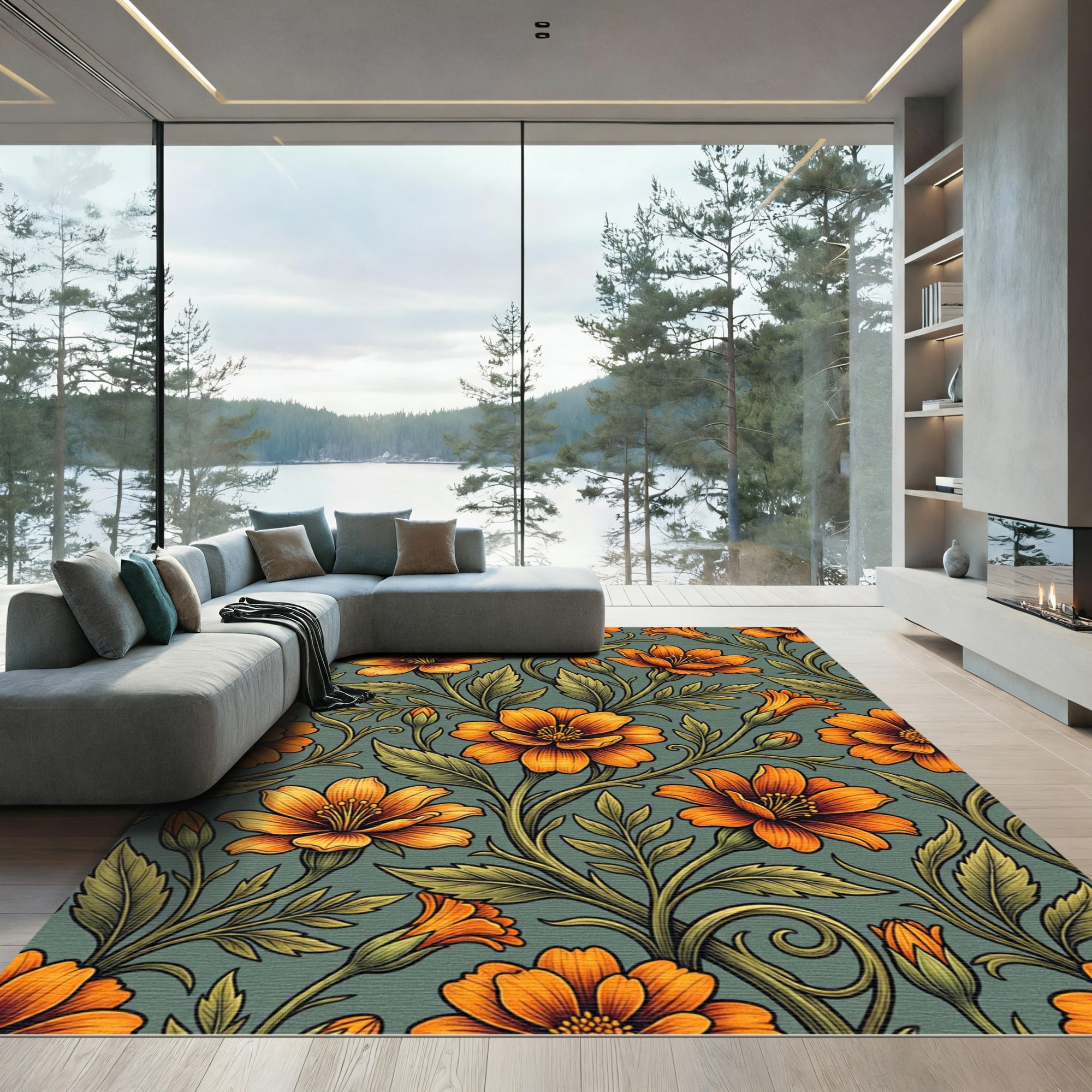 Vibrant Orange Floral Vine Rug