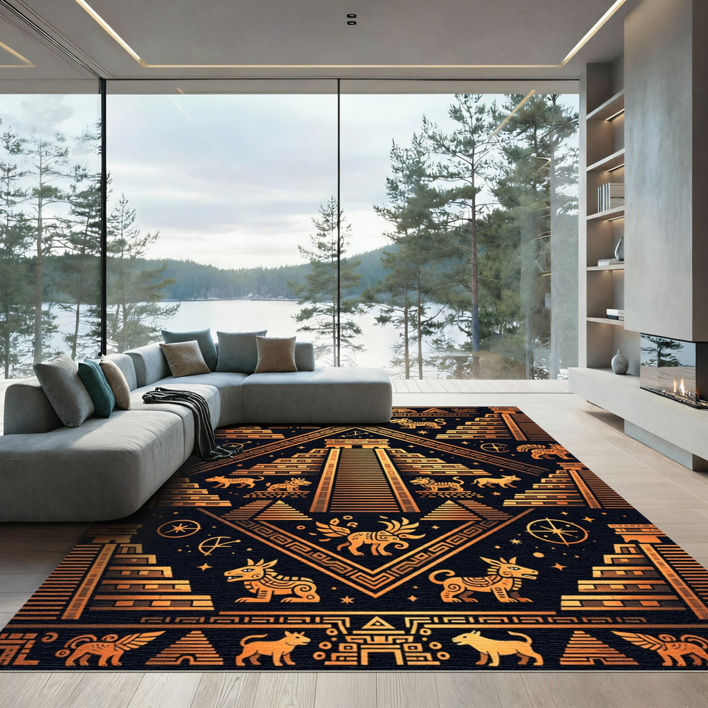 Golden Aztec Pyramid Ancient Temple Illustration Rug