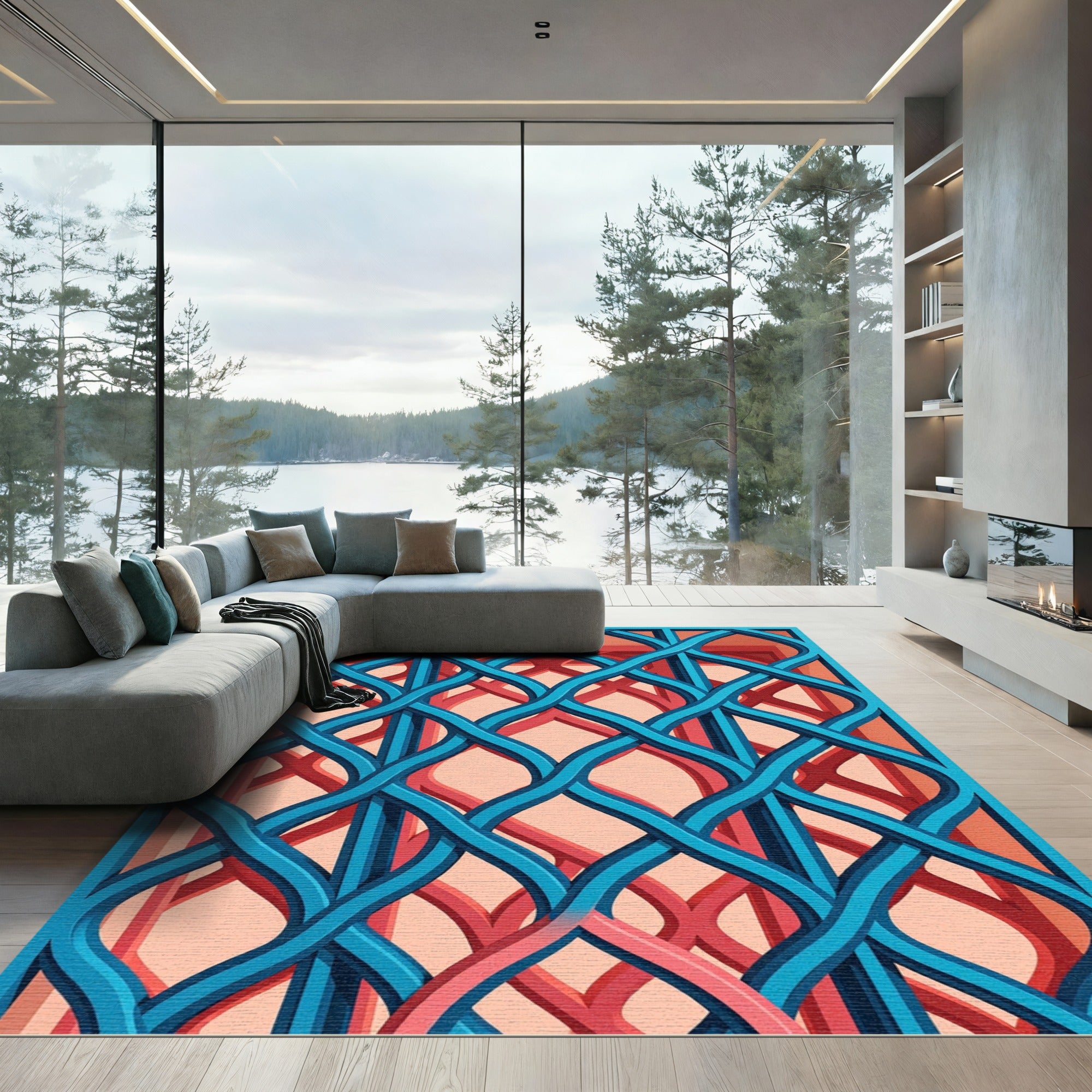 Geometric Azure Woven Lattice Backdrop Rug