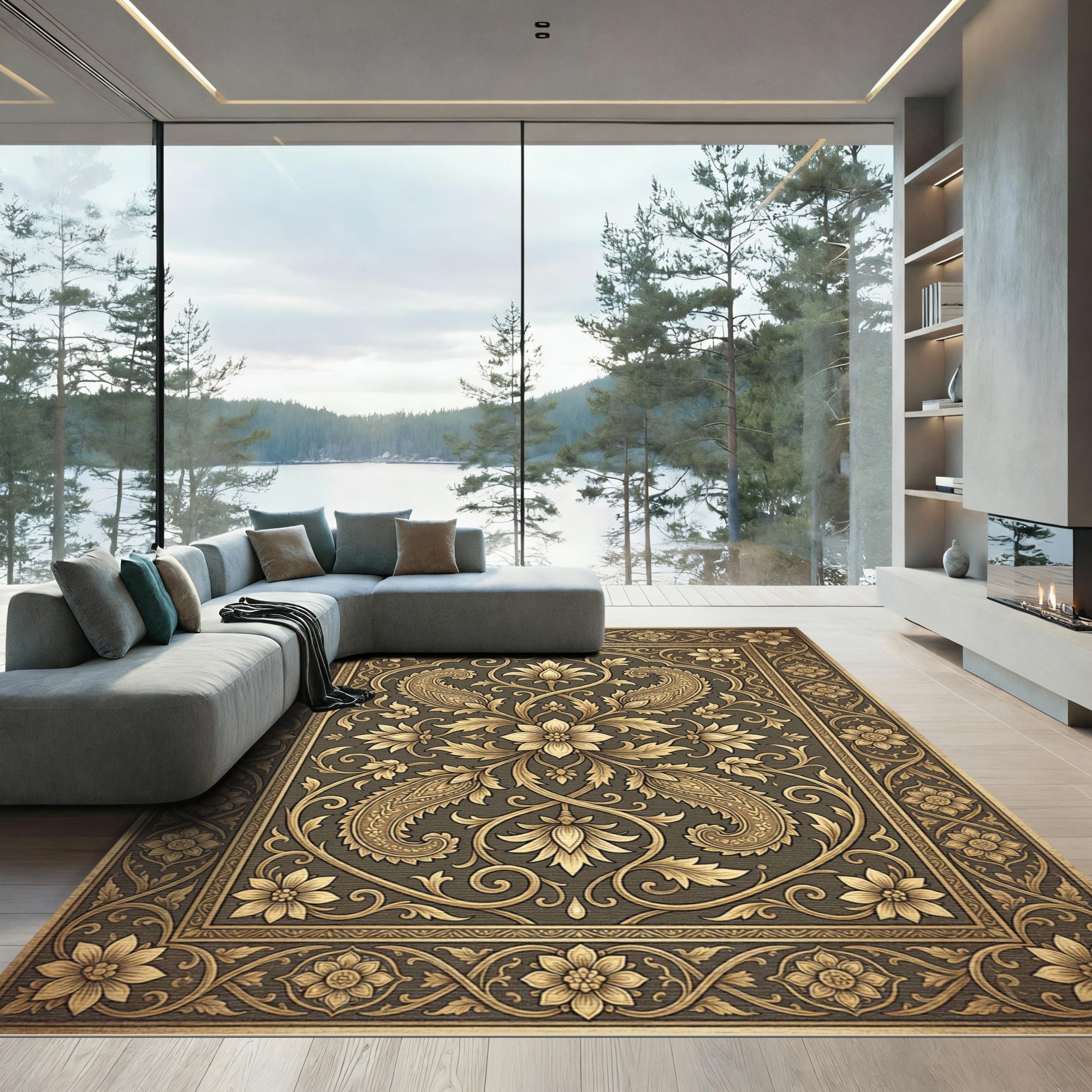 Ornate Golden Floral Paisley Heritage Rug