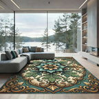 Elegant Teal Gold Botanical Medallion Rug