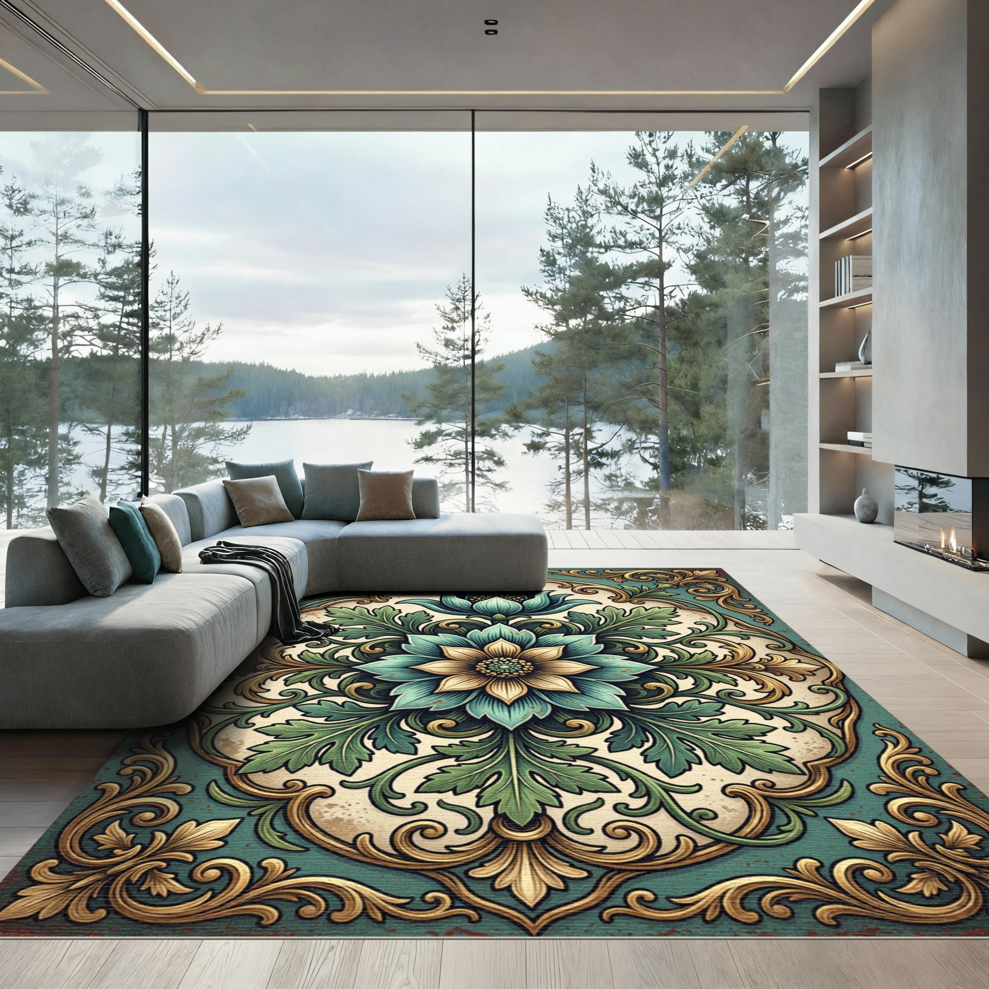 Elegant Teal Gold Botanical Medallion Rug
