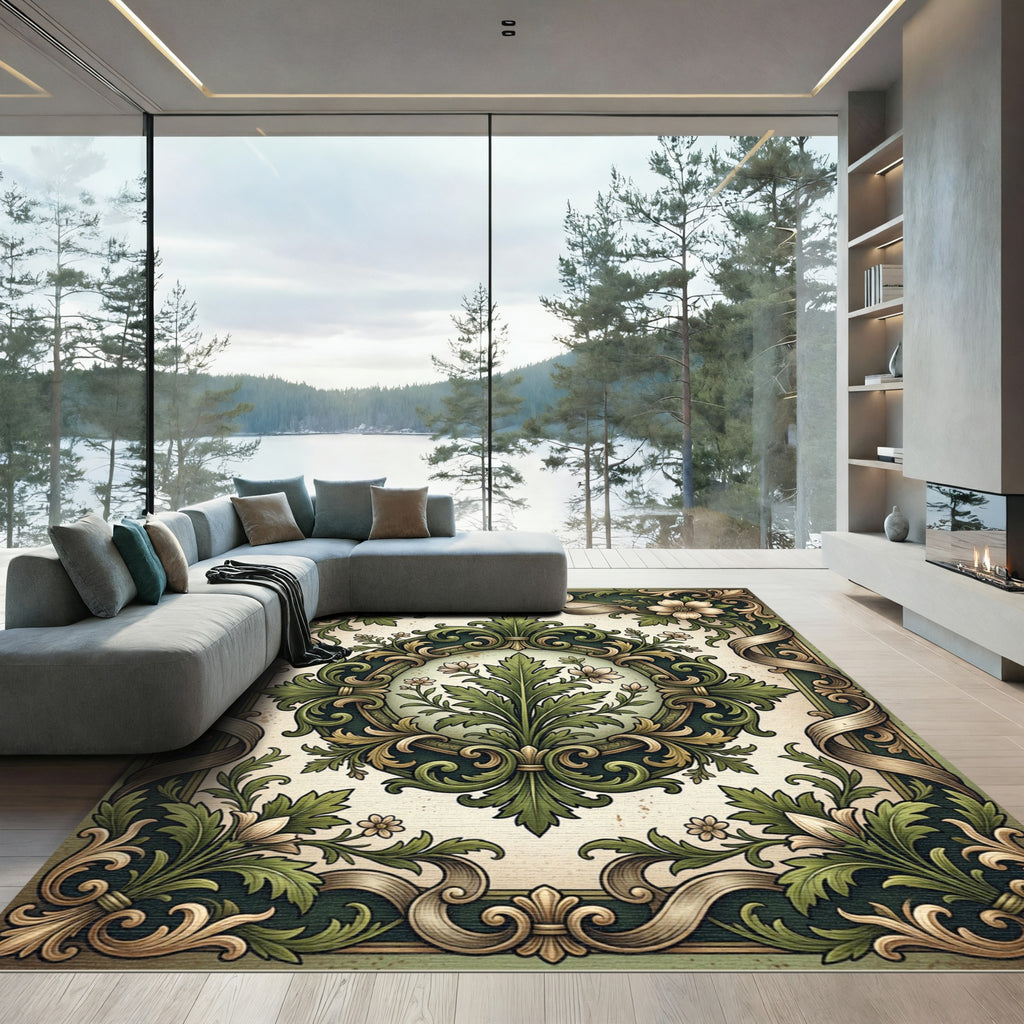 Vintage Sage Floral Scroll Medallion Rug